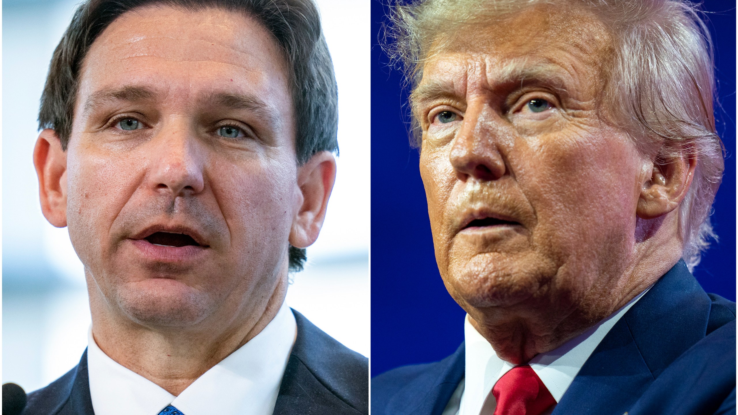 FILE - This combination of photos shows Florida Gov. Ron DeSantis speaking on April 21, 2023, in Oxon Hill, Md., left, and former President Donald Trump speaking on March 4, 2023, at National Harbor in Oxon Hill, Md. In his first week on the campaign trail as a presidential candidate, Gov. DeSantis repeatedly hit his chief rival, Donald Trump, from the right. DeSantis told a conservative radio host, “This is a different guy than 2015, 2016." Meanwhile, Trump has repeatedly attacked DeSantis from the left, suggesting Florida’s new six-week abortion ban is “too harsh” and arguing DeSantis’ votes to cut Social Security and Medicare in Congress will make him unelectable in a general election. (AP Photo/Alex Brandon, File)