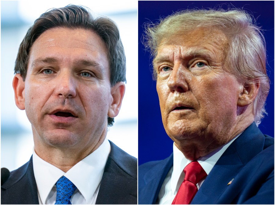 FILE - This combination of photos shows Florida Gov. Ron DeSantis speaking on April 21, 2023, in Oxon Hill, Md., left, and former President Donald Trump speaking on March 4, 2023, at National Harbor in Oxon Hill, Md. In his first week on the campaign trail as a presidential candidate, Gov. DeSantis repeatedly hit his chief rival, Donald Trump, from the right. DeSantis told a conservative radio host, “This is a different guy than 2015, 2016." Meanwhile, Trump has repeatedly attacked DeSantis from the left, suggesting Florida’s new six-week abortion ban is “too harsh” and arguing DeSantis’ votes to cut Social Security and Medicare in Congress will make him unelectable in a general election. (AP Photo/Alex Brandon, File)