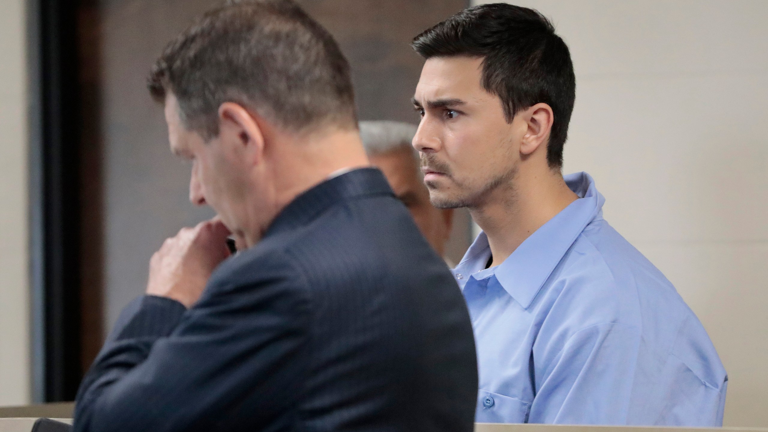 Matthew Nilo is arraigned on rape charges stemming from assaults in Charlestown, in 2007 and 2008 in Suffolk Superior Court in Boston, Monday, June 5, 2023. His attorney, Joseph Cataldo is at left. (Pat Greenhouse/The Boston Globe via AP, Pool)