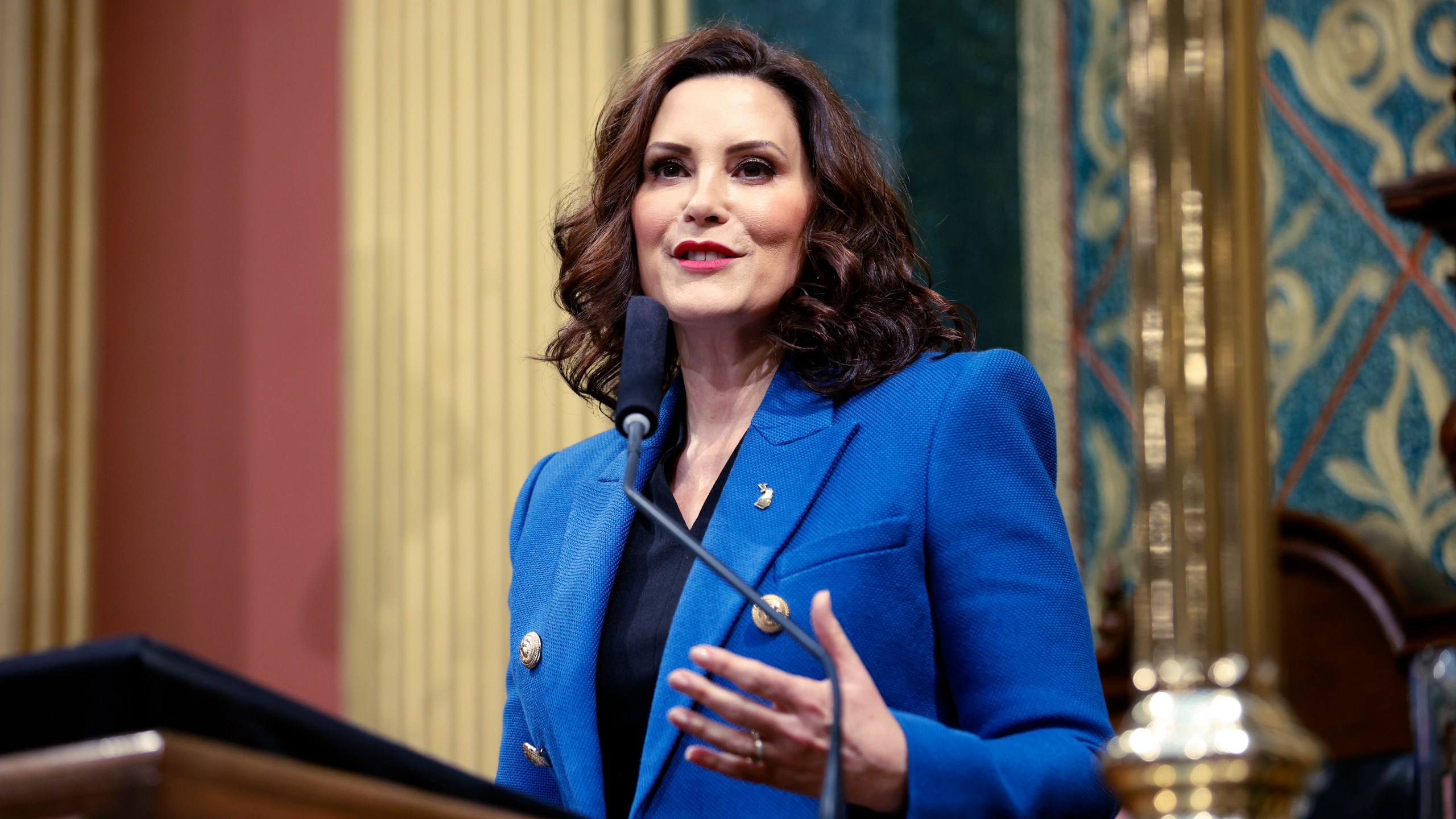 FILE - Michigan Gov. Gretchen Whitmer delivers her State of the State address to a joint session of the House and Senate, Jan. 25, 2023, at the state Capitol in Lansing, Mich. A man accused of supporting a foiled plot to kidnap Whitmer plans to change his not-guilty plea, records show. Shawn Michael Fix, 40, of Belleville, is one of five men charged with providing material support for an act of terrorism in the plot to abduct the Democratic governor in 2020 at her northern Michigan vacation home. (AP Photo/Al Goldis, File)