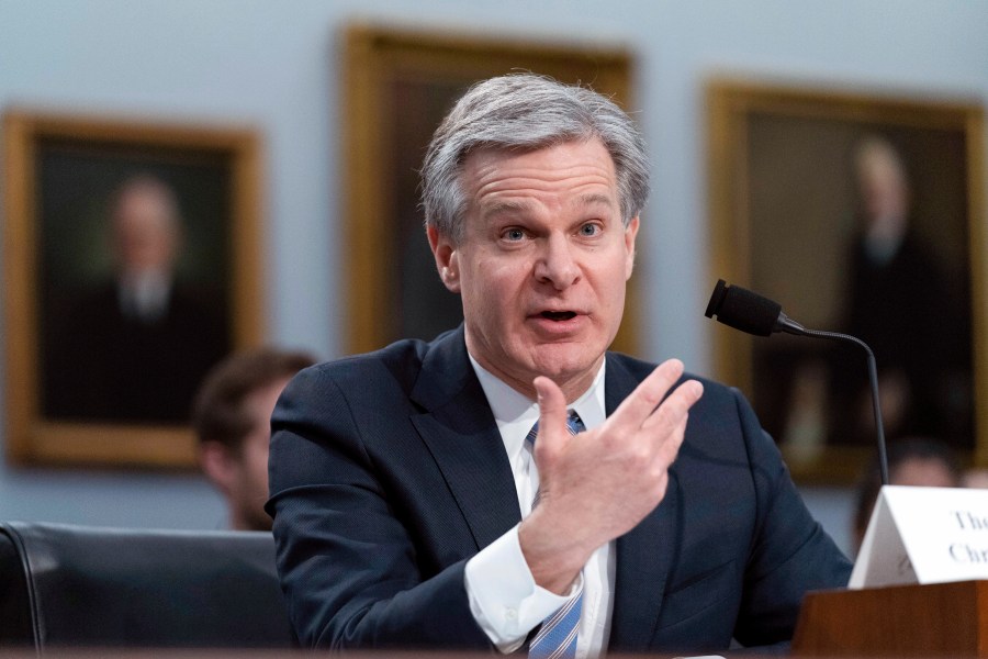 FILE - FBI Director Christopher Wray testifies before the House Appropriations subcommittee Commerce, Justice, Science, and Related Agencies budget hearing for Fiscal Year 2024, on Capitol Hill in Washington, April 27, 2023. (AP Photo/Jose Luis Magana, File)