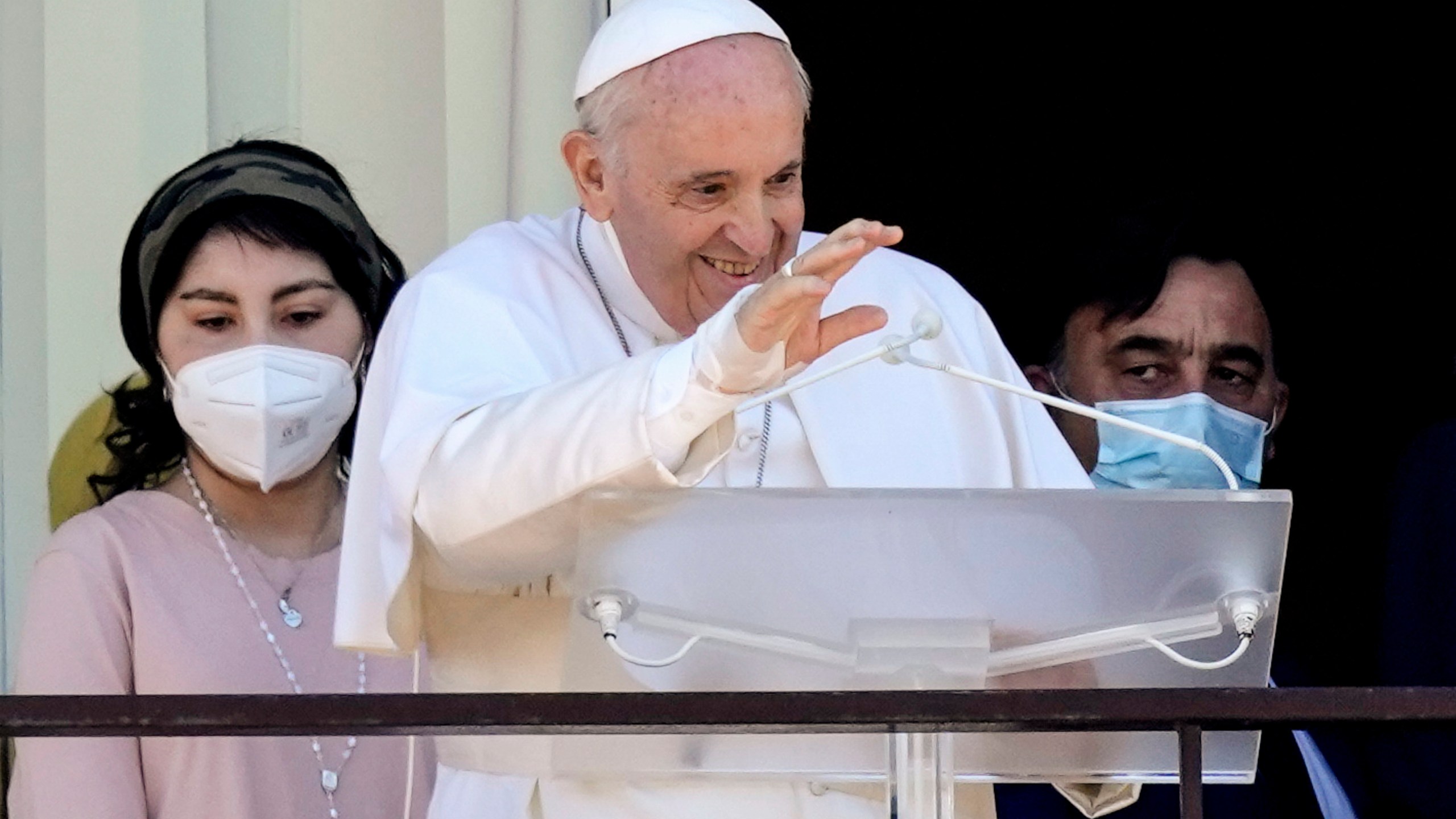 FILE-- Pope Francis appears on a balcony of the Agostino Gemelli University Polyclinic in Rome, Sunday, July 11, 2021, where he was recovering from intestinal surgery, for the traditional Sunday blessing and Angelus prayer. The Vatican said Francis, 86, would be put under general anesthesia for the procedure Wednesday afternoon, June 07, 2023, and would be hospitalized at Rome's Gemelli hospital for several days. (AP Photo/Alessandra Tarantino, file)