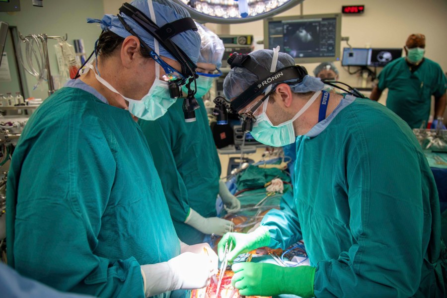 In this photo provided by Duke Health, surgeons Dr. Jacob Schroder, left, and Dr. Zachary Fitch perform a heart transplant at Duke University Hospital in Durham, N.C., in October 2022. Most transplanted hearts are from donors who are brain dead, but research published by Duke Health on Wednesday, June 7, 2023, shows a different approach can be just as successful and boost the number of available organs. It's called donation after circulatory death, a method long used to recover kidneys and other organs but not more fragile hearts. (Shawn Rocco/Duke Health via AP)