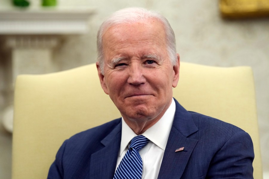 President Joe Biden listens as he meets with Denmark's Prime Minister Mette Frederiksen in the Oval Office of the White House in Washington, Monday, June 5, 2023. (AP Photo/Susan Walsh)