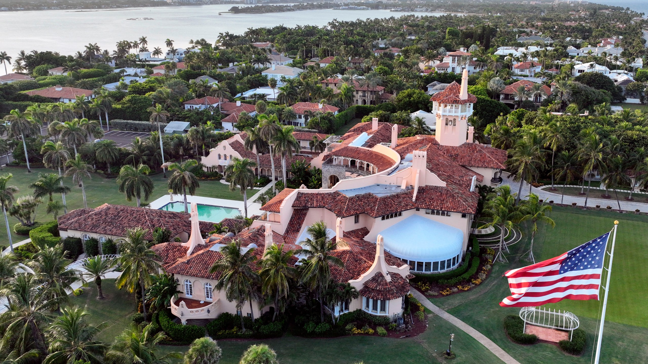 FILE - This is an aerial view of former President Donald Trump's Mar-a-Lago estate, Aug. 10, 2022, in Palm Beach, Fla. (AP Photo/Steve Helber, File)