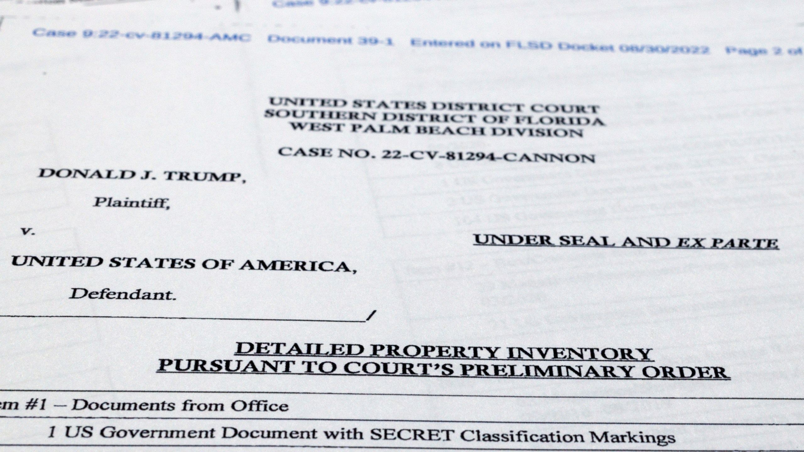 FILE - Pages from a FBI property list of items seized from former President Donald Trump's Mar-a-Lago estate and made public by the Department of Justice, are photographed Sept. 2, 2022. (AP Photo/Jon Elswick, File)