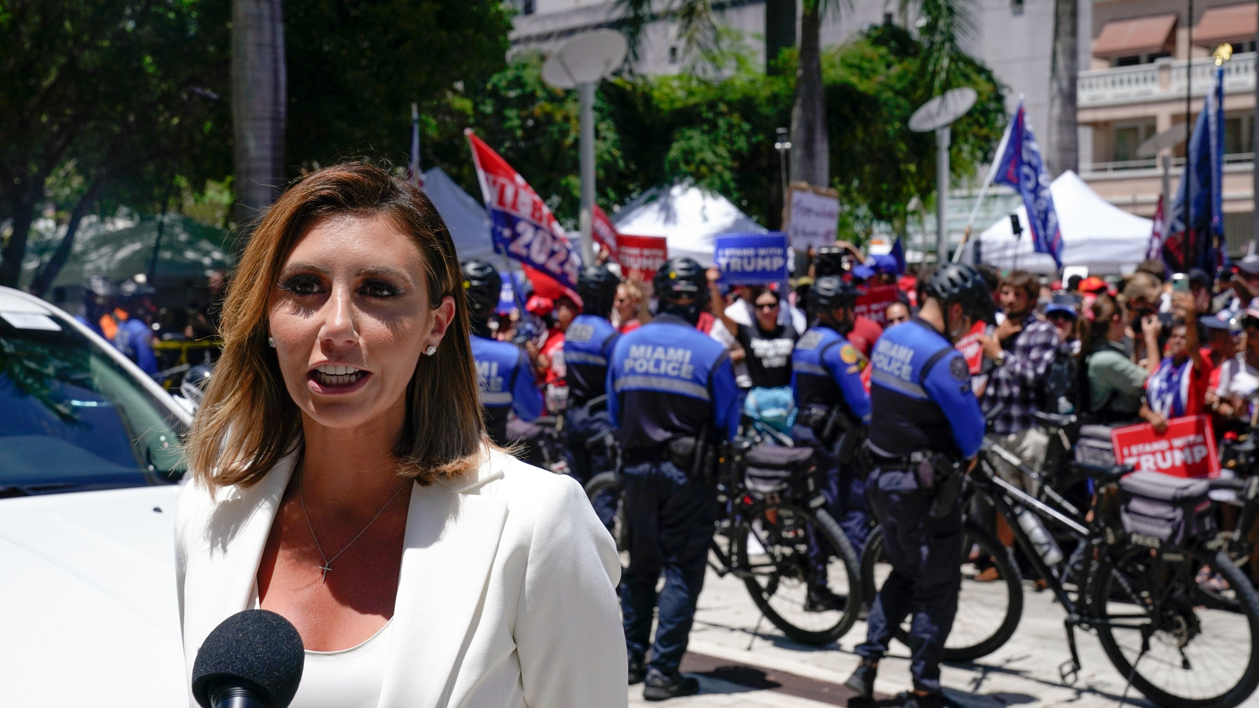 Alina Habba, lawyer for former President Donald Trump, speaks outside the Wilkie D. Ferguson Jr. U.S. Courthouse, Tuesday, June 13, 2023, in Miami. Trump appeared in federal court Tuesday on dozens of felony charges accusing him of illegally hoarding classified documents and thwarting the Justice Department's efforts to get the records back. (AP Photo/Alex Brandon)