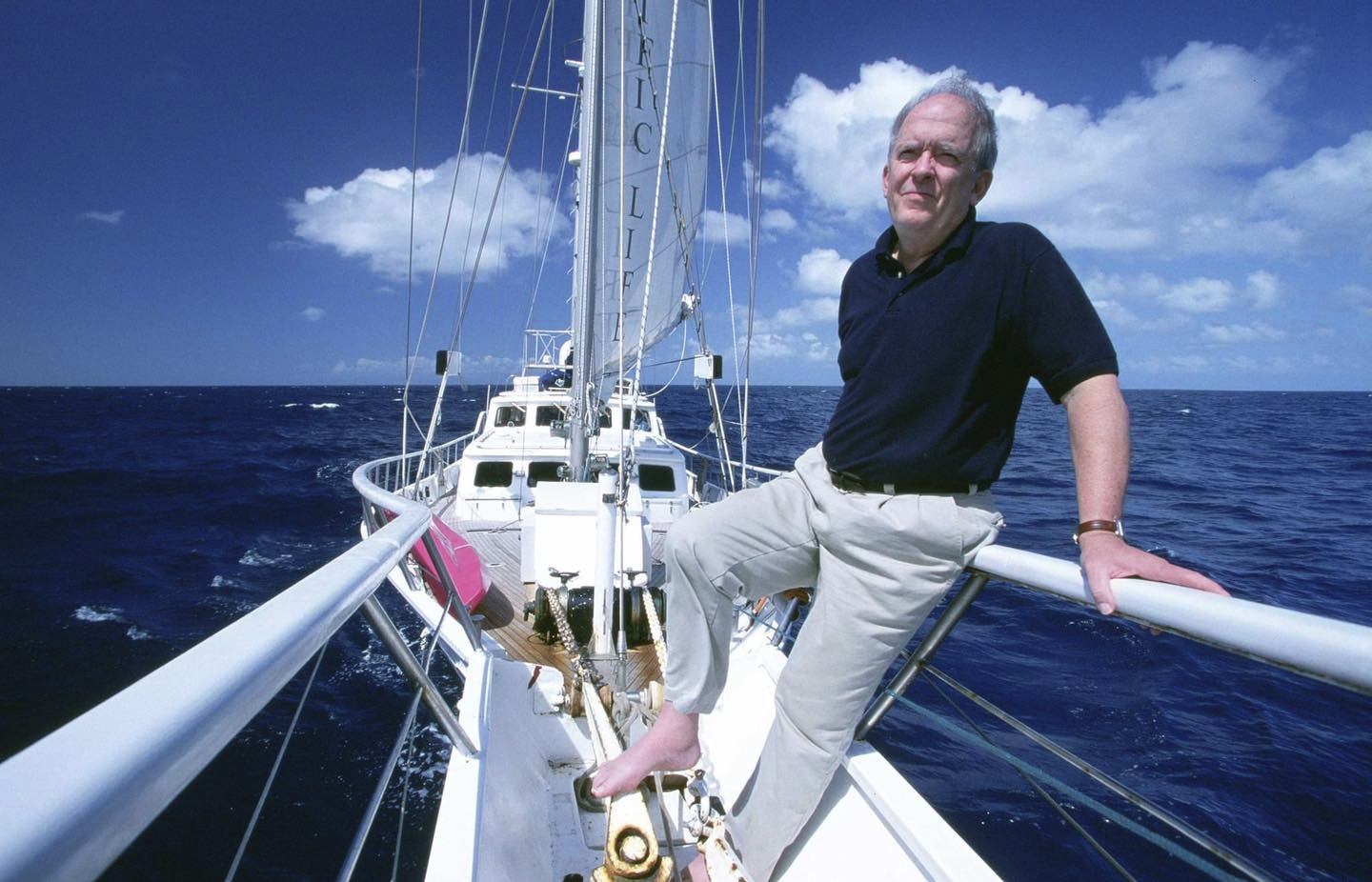 This photo provided by Ocean Alliance shows Roger Payne on board Ocean Alliance’s research vessel RV Odyssey during the Voyage of the Odyssey, a groundbreaking toxicology study circumnavigating the globe, in 2002 off of Western Australia in the Indian Ocean. Payne, the scientist who spurred a world-wide environmental conservation movement with his discovery that whales can sing, has died. He was 88. (Christopher Johnson/Ocean Alliance via AP)