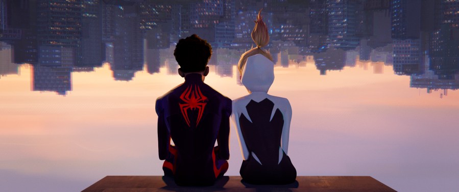 This image released by Sony Pictures Animation shows Miles Morales as Spider-Man, voiced by Shameik Moore, left, and and Spider-Gwen, voiced by Hailee Steinfeld, in a scene from Columbia Pictures and Sony Pictures Animation's "Spider-Man: Across the Spider-Verse." (Sony Pictures Animation via AP)