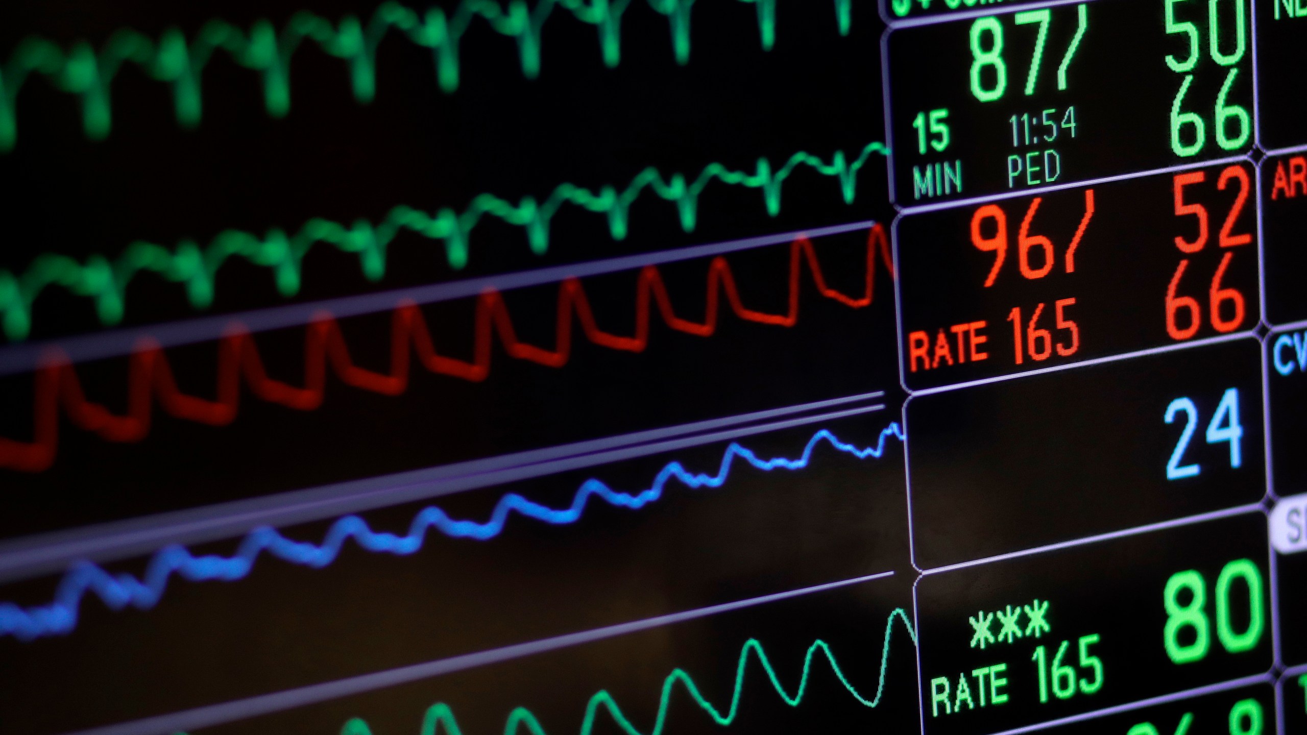 FILE - A screen displays a patient's vital signs at a hospital in Baltimore on Nov. 28, 2016. Research published in the New England Journal of Medicine on Friday, June 16, 2023, suggests testosterone replacement therapy is safe for men with “low T” who have cardiovascular disease or are at high risk for it. But doctors say men shouldn’t view the treatment as an “anti-aging tonic.” (AP Photo/Patrick Semansky, File)