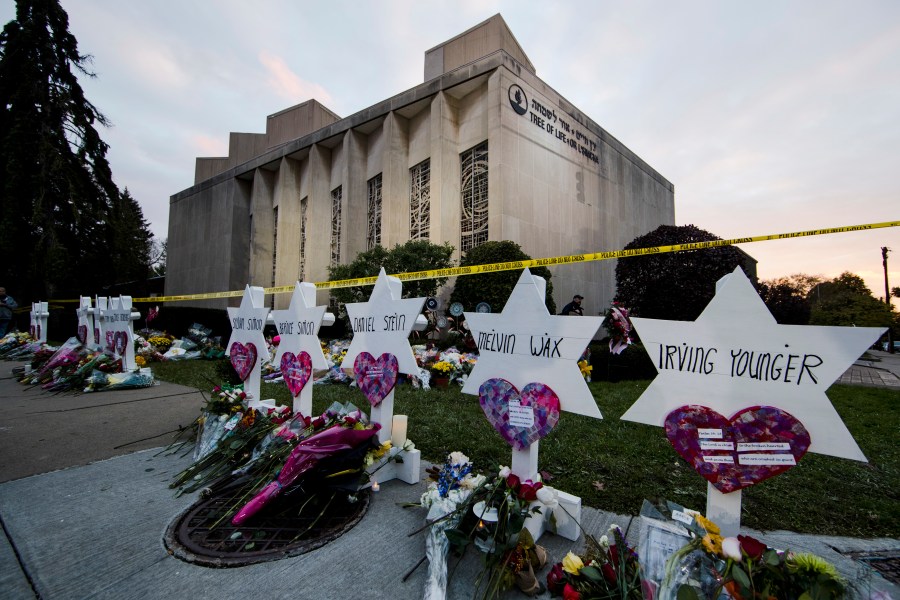 File - A makeshift memorial stands outside the Tree of Life Synagogue in the aftermath of a deadly shooting in Pittsburgh, Oct. 29, 2018. Robert Bowers, a truck driver who shot and killed 11 worshippers at a Pittsburgh synagogue in the nation's deadliest attack on Jewish people, was found guilty, Friday, June 16, 2023. Bowers was tried on 63 criminal counts, including hate crimes resulting in death and obstruction of the free exercise of religion resulting in death. (AP Photo/Matt Rourke, File)