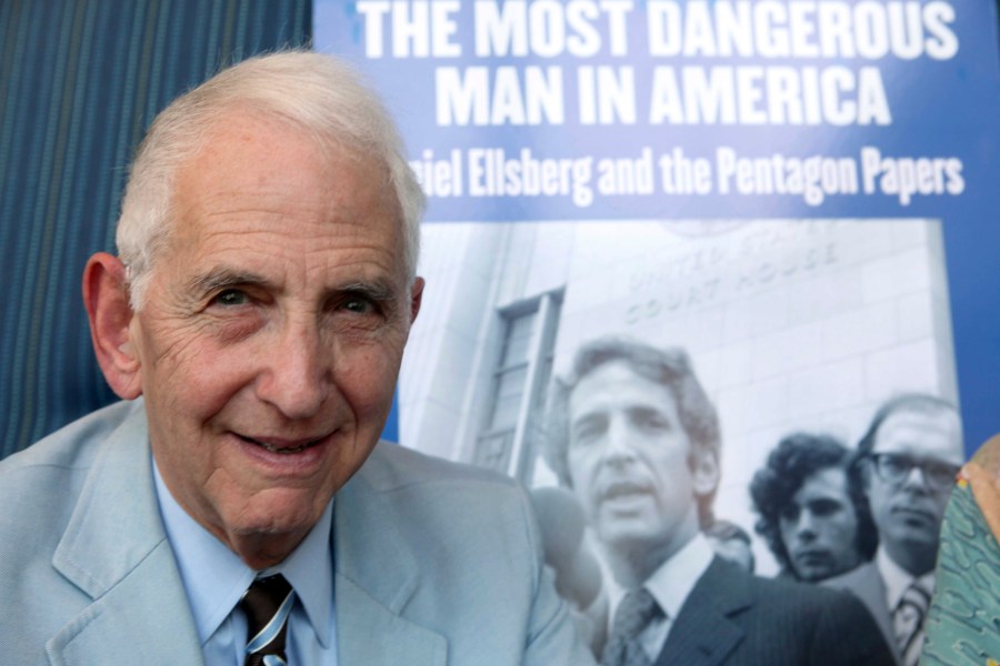 FILE - Daniel Ellsberg speaks during an interview in Los Angeles on Sept. 23, 2009. Ellsberg, the government analyst and whistleblower who leaked the “Pentagon Papers” in 1971, has died. He was 92. (AP Photo/Nick Ut, File)