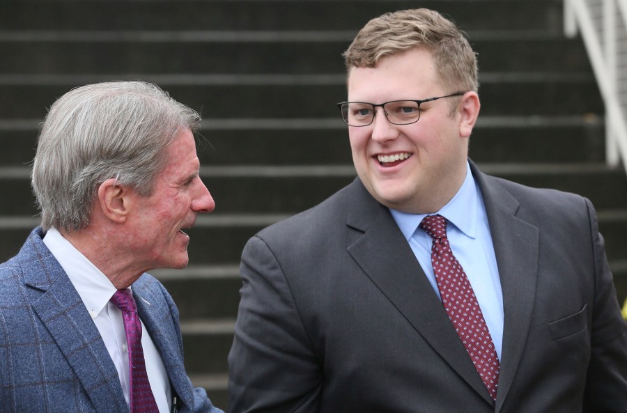 FILE - State Del. Wren Williams, R-Patrick, right, talks with his defense attorney Jimmy Turk after a General District Court hearing in Wytheville, Va., Jan. 4, 2023. (Matt Gentry/The Roanoke Times via AP, File)