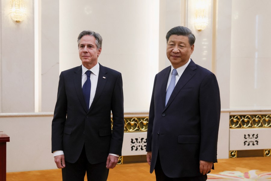 U.S. Secretary of State Antony Blinken meets with Chinese President Xi Jinping in the Great Hall of the People in Beijing, China, Monday, June 19, 2023. (Leah Millis/Pool Photo via AP)