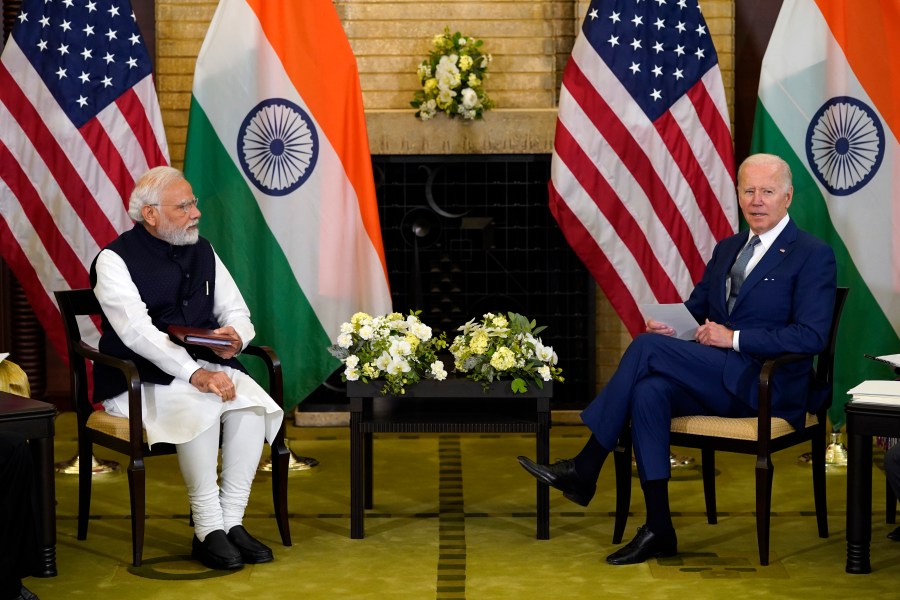 FILE - President Joe Biden, right, meets with Indian Prime Minister Narendra Modi during the Quad leaders summit at Kantei Palace, May 24, 2022, in Tokyo. Biden is honoring Modi with a state visit this week. Modi arrives in the U.S. on Wednesday, starting his visit at the United Nations. (AP Photo/Evan Vucci, File)