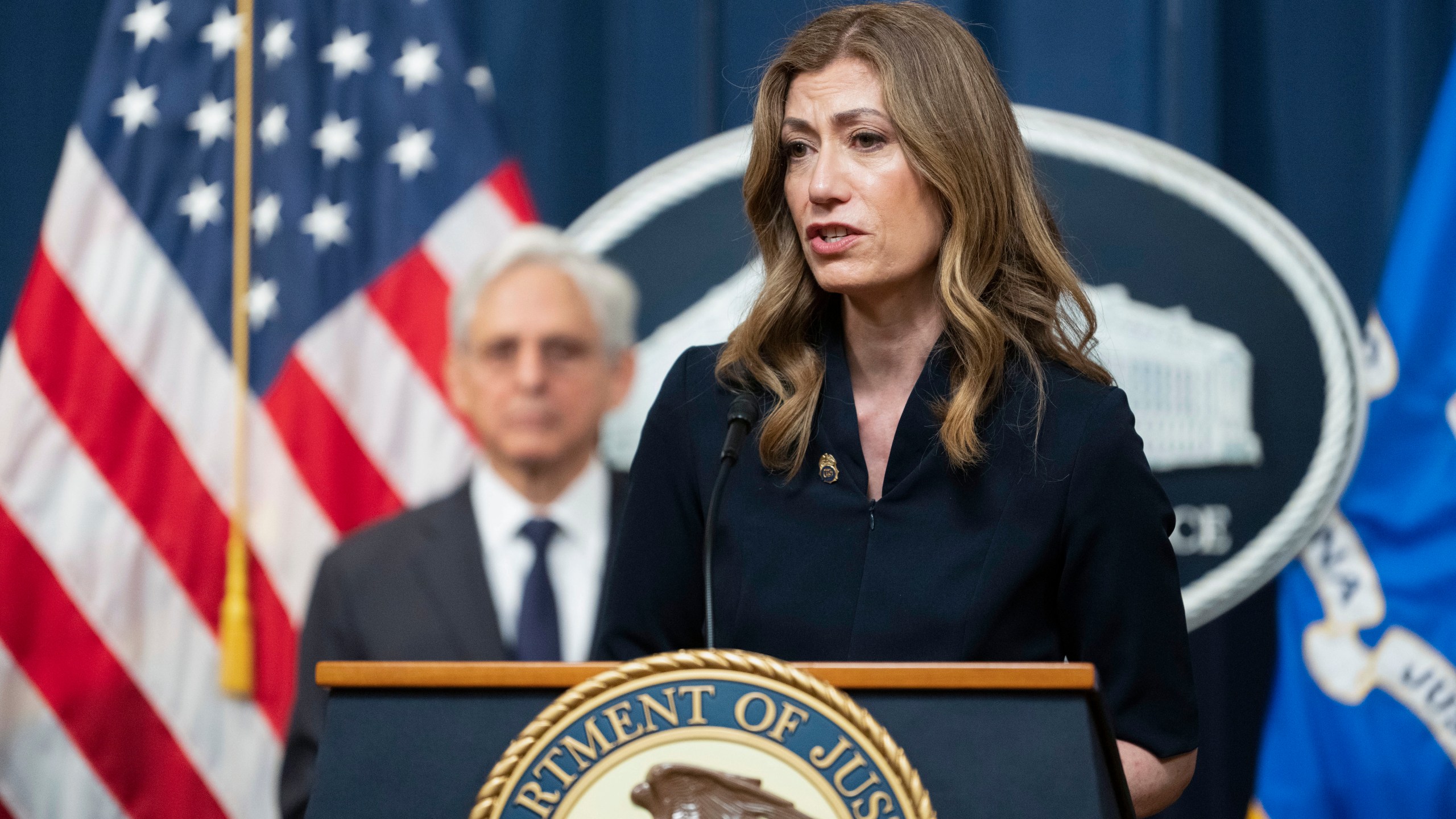 DEA Administrator Anne Milgram speaks at a press conference with Attorney General Merrick Garland announcing arrests and disruptions of the fentanyl precursor chemical supply chain on Friday, June 23, 2023 in Washington. (AP Photo/Kevin Wolf)