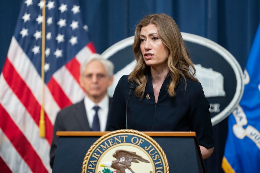 DEA Administrator Anne Milgram speaks at a press conference with Attorney General Merrick Garland announcing arrests and disruptions of the fentanyl precursor chemical supply chain on Friday, June 23, 2023 in Washington. (AP Photo/Kevin Wolf)