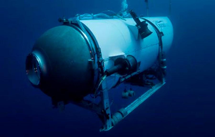 FILE - This undated image provided by OceanGate Expeditions in June 2021 shows the company's Titan submersible. Rescuers are racing against time to find the missing submersible carrying five people, who were reported overdue Sunday night. (OceanGate Expeditions via AP, File)