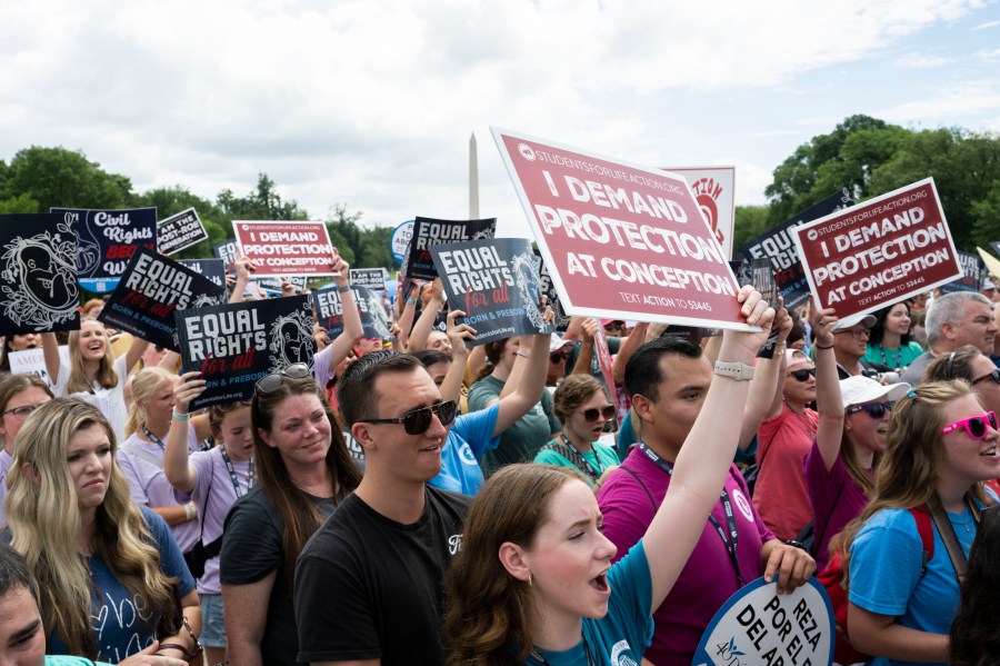 Anti-abortion activists cheer before Republican presidential candidate former Vice President Mike Pence speaks at the National Celebrate Life Rally at the Lincoln Memorial on Saturday, June 24, 2023, in Washington. (AP Photo/Kevin Wolf)