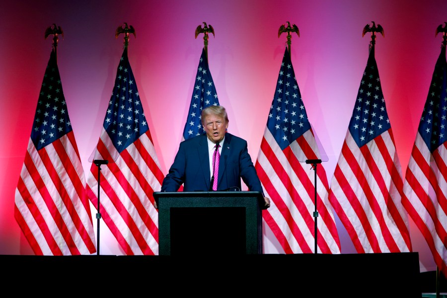 Former President Donald Trump speaks during the Oakland County Republican Party's Lincoln Day Dinner, Sunday, June 25, 2023, in Novi, Mich. (AP Photo/Al Goldis)