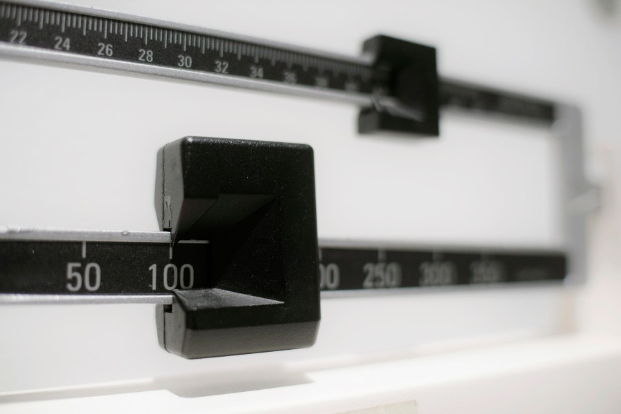 FILE - This Tuesday, April 3, 2018 file photo shows a closeup of a beam scale in New York. High-dose oral versions of the medication in the weight-loss drug Wegovy may work as well as injections at paring pounds and improving health, including hard-to-treat people with diabetes, according to research released Sunday, June 25, 2023. (AP Photo/Patrick Sison, File)