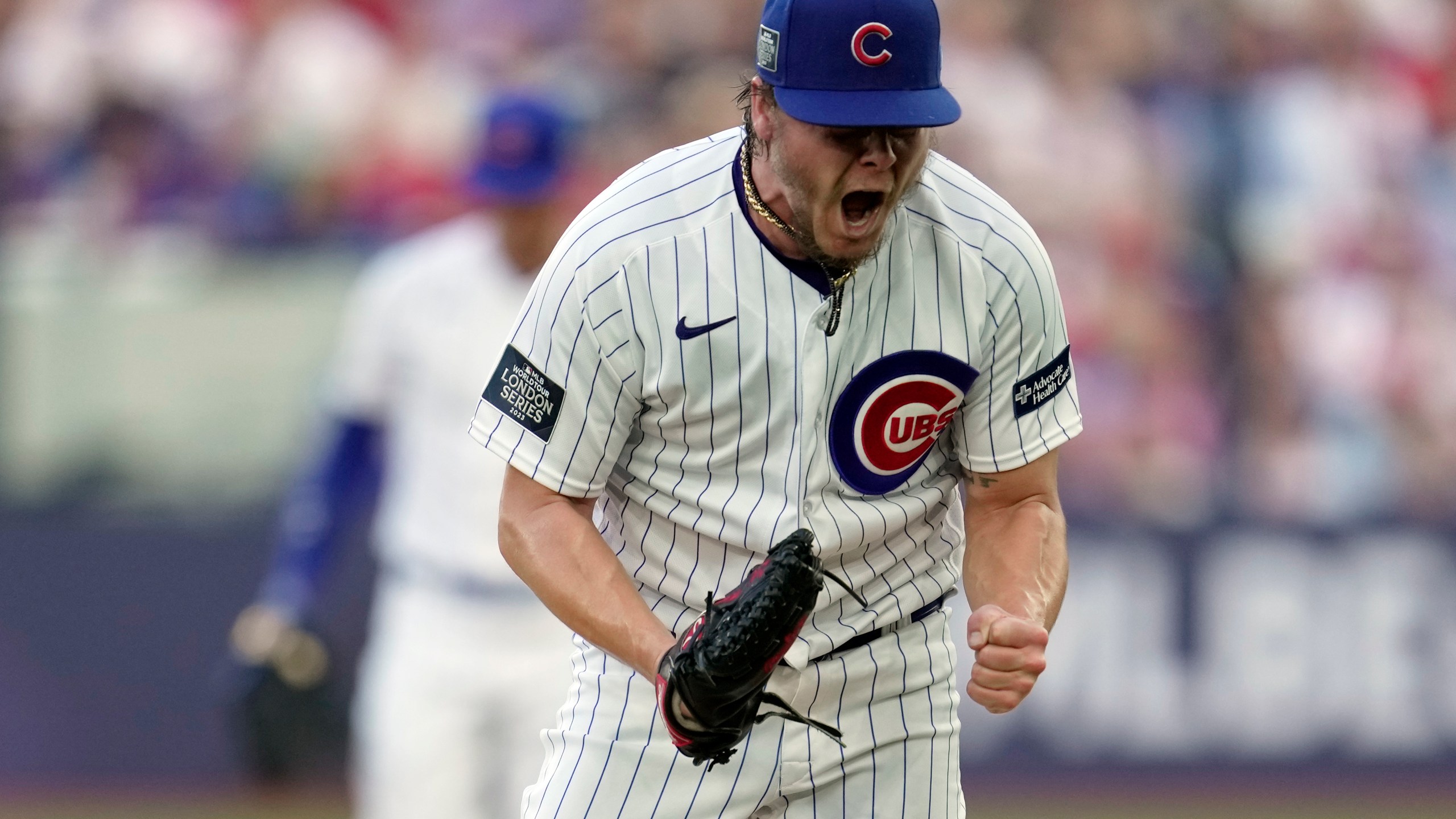 Chicago Cubs starting pitcher Justin Steele reacts on the mound after striking out St. Louis Cardinals' Dylan Carlson during the sixth inning of a baseball game Saturday, June 24, 2023, in London. (AP Photo/Kin Cheung)