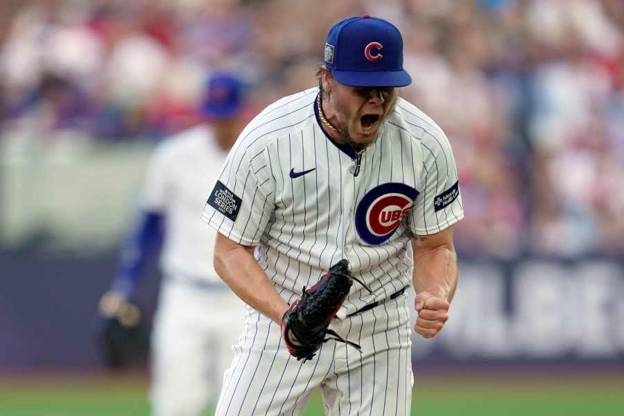 Chicago Cubs starting pitcher Justin Steele reacts on the mound after striking out St. Louis Cardinals' Dylan Carlson during the sixth inning of a baseball game Saturday, June 24, 2023, in London. (AP Photo/Kin Cheung)