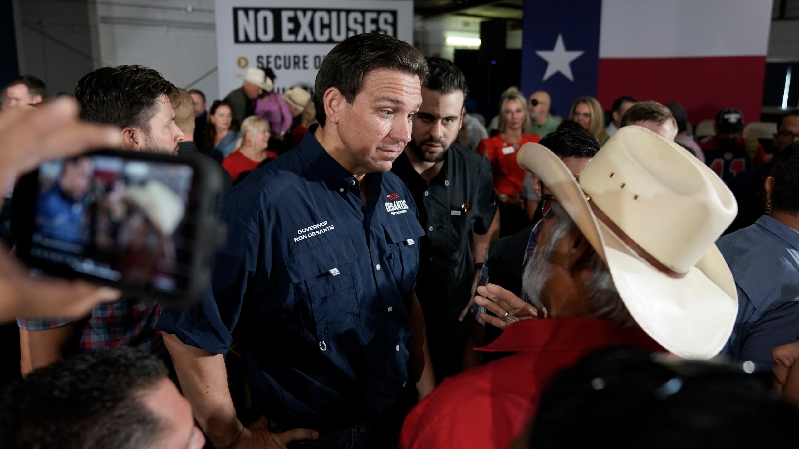 Republican presidential candidate Florida Gov. Ron DeSantis greets supporters during a town hall meeting in Eagle Pass, Texas, Monday, June 26, 2023. (AP Photo/Eric Gay)