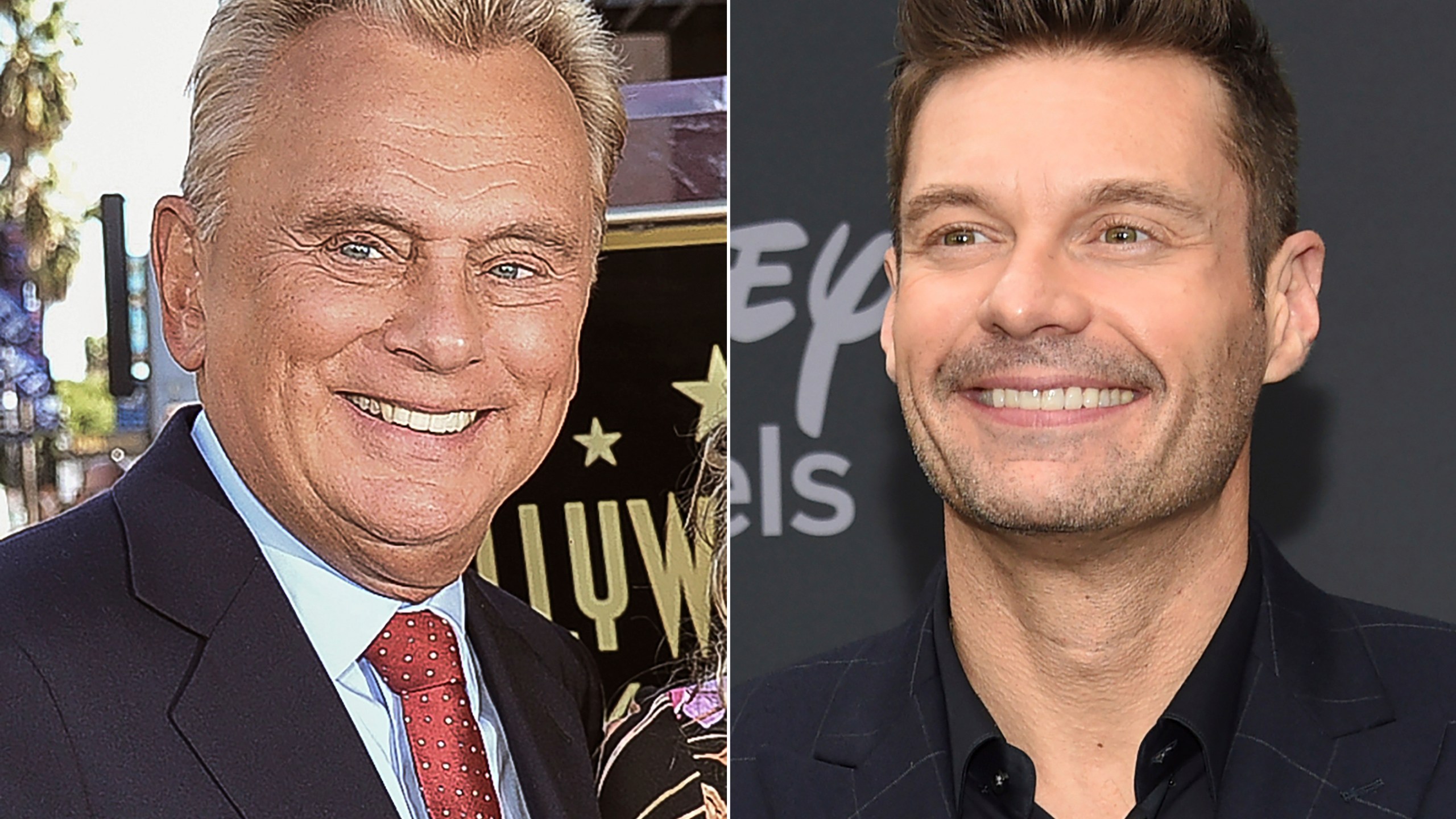 Pat Sajak attends a ceremony honoring Harry Friedman with a star on the Hollywood Walk of Fame in Los Angeles on Nov. 1, 2019, left, and Ryan Seacrest attends the Walt Disney Television 2019 upfront in New York on May 14, 2019. Seacrest will become the new “Wheel of Fortune” host after Pat Sajak’s retirement next year. Seacrest and Sony Pictures Television announced Tuesday that Seacrest has signed a multi-year deal to host the long-running game show starting with Season 42. (AP Photo)