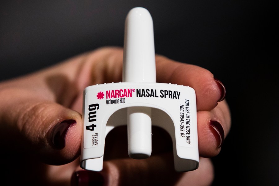 FILE - The overdose-reversal drug Narcan is displayed during training for employees of the Public Health Management Corporation (PHMC), Dec. 4, 2018, in Philadelphia. San Francisco is amid a drug overdose epidemic and could become the first in the country to require every pharmacy within its boundaries to always carry naloxone, a drug that reverses overdoses caused by fentanyl and other opioids. San Francisco Supervisor Matt Dorsey will introduce a bill Tuesday, June 27, 2023, that if approved, would require every pharmacy in the city to always have in stock at least two nasal sprays containing the drug or face fines. (AP Photo/Matt Rourke, File)