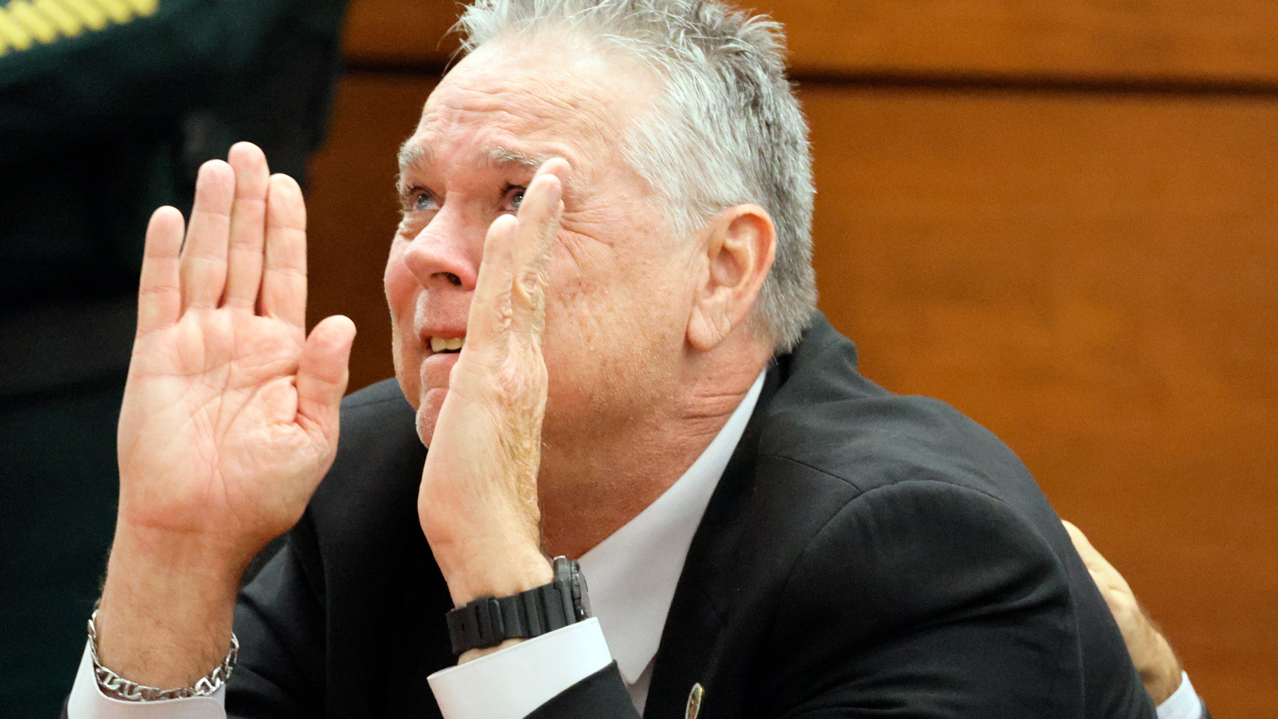 Former Marjory Stoneman Douglas High School School Resource Officer Scot Peterson reacts as he is found not guilty on all charges at the Broward County Courthouse in Fort Lauderdale, Fla., on Thursday, June 29, 2023. Peterson was acquitted of child neglect and other charges for failing to act during the Parkland school massacre, where 14 students and three staff members were murdered. (Amy Beth Bennett/South Florida Sun-Sentinel via AP, Pool)