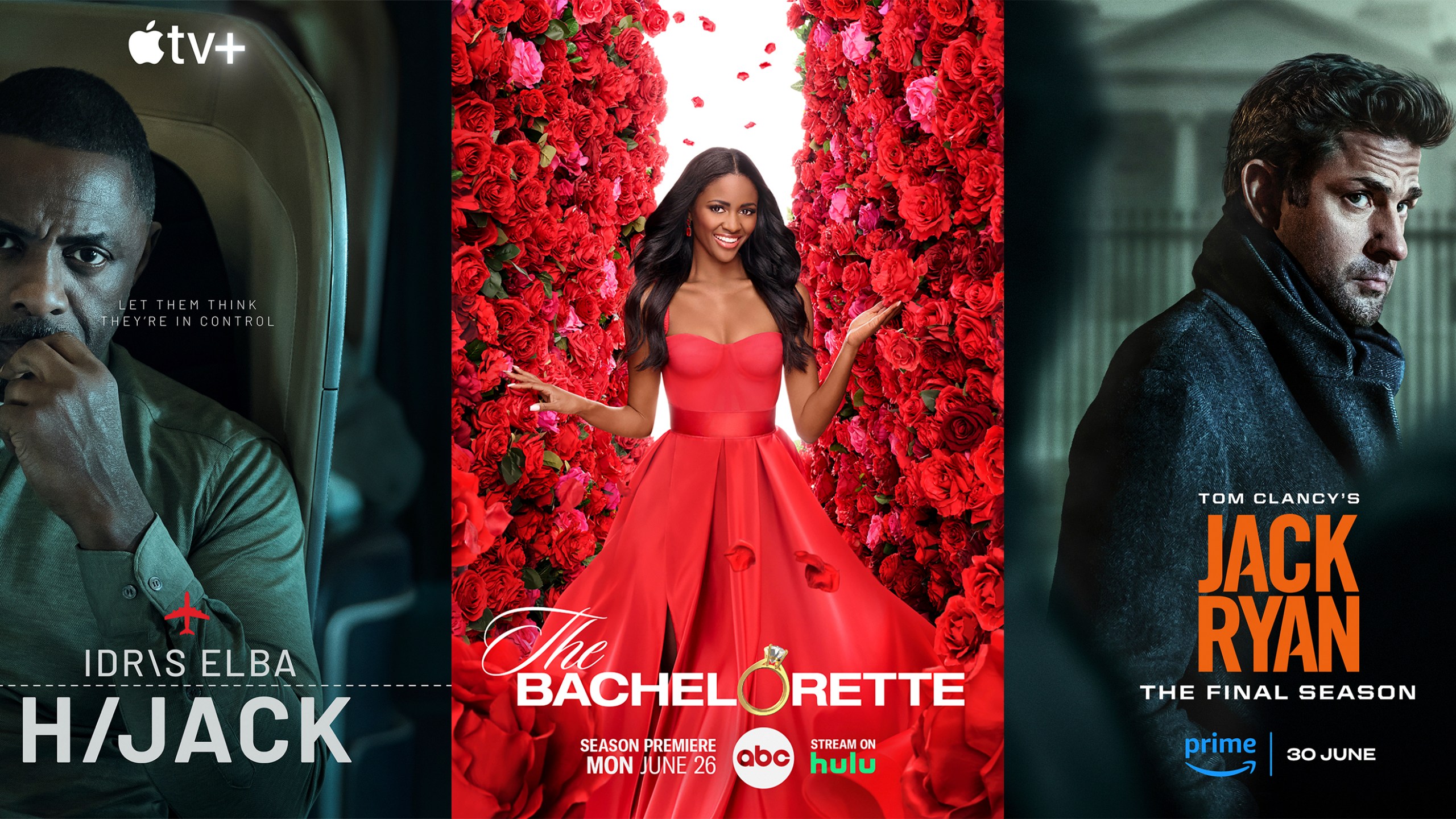 This combination of images shows promotional art for the Apple TV+ series "Hijack," left, the ABC romance reality series "The Bachelorette," center, and the Amazon Prime series "Jack Ryan." (Apple TV+/ABC/Amazon Prime via AP)