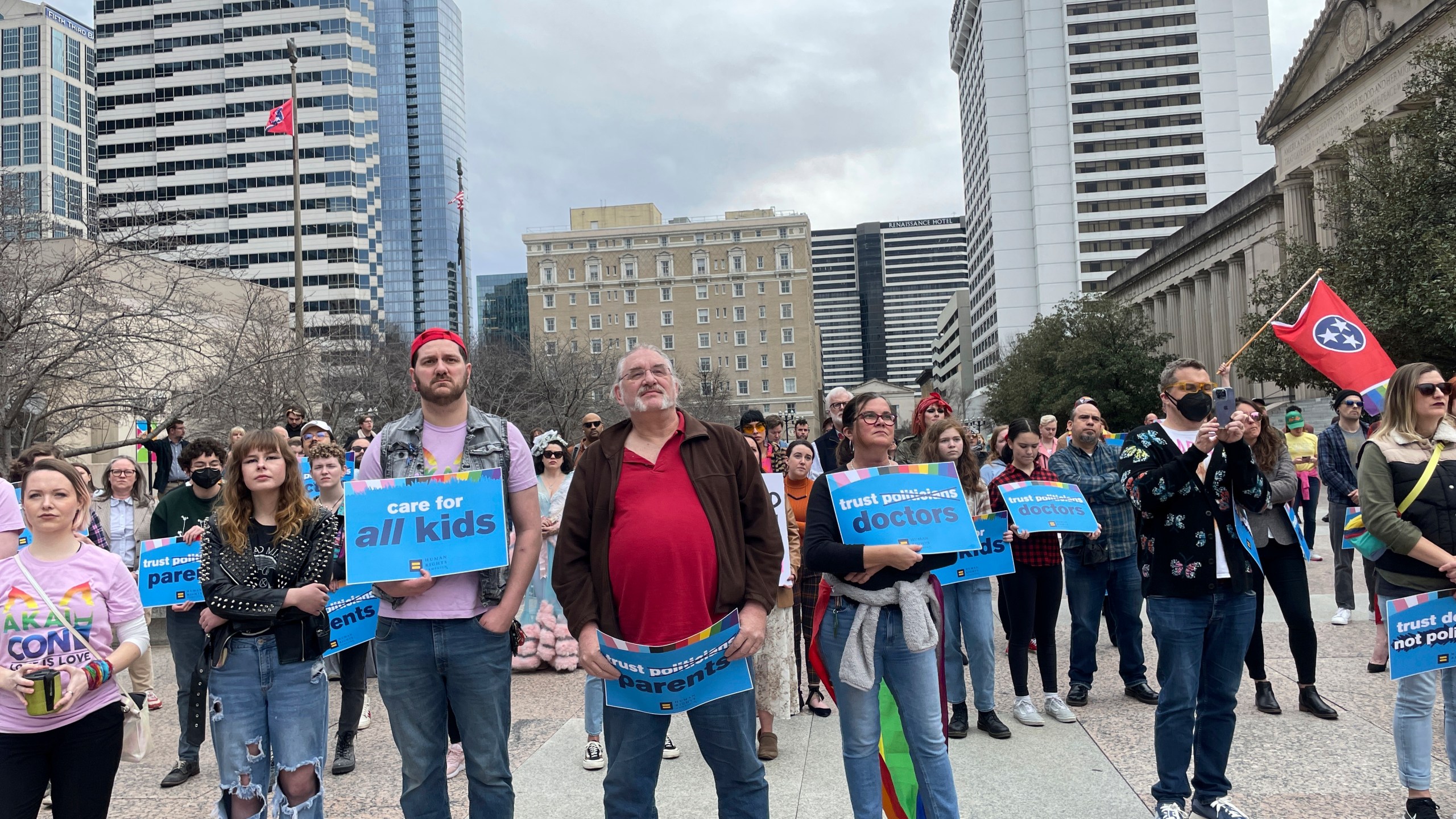 FILE - Advocates gather for a rally at the state Capitol complex in Nashville, Tenn., to oppose a series of bills that target the LGBTQ community, Tuesday, Feb. 14, 2023. Bans on gender-affirming care for minors are to take effect Saturday in Georgia and Tennessee. (AP Photo/Jonathan Mattise, File)