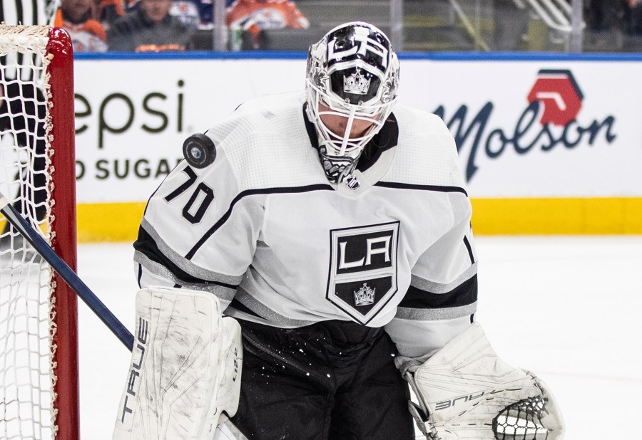 FILE - Los Angeles Kings goalie Joonas Korpisalo (70) makes a save against the Edmonton Oilers during the second period of Game 1 of an NHL Stanley Cup first-round hockey playoff series in Edmonton, Alberta, April 17, 2023. On Saturday, July 1, the Ottawa Senators signed Korpisalo to a five-year contract worth $20 million. (Jason Franson/The Canadian Press via AP, File)