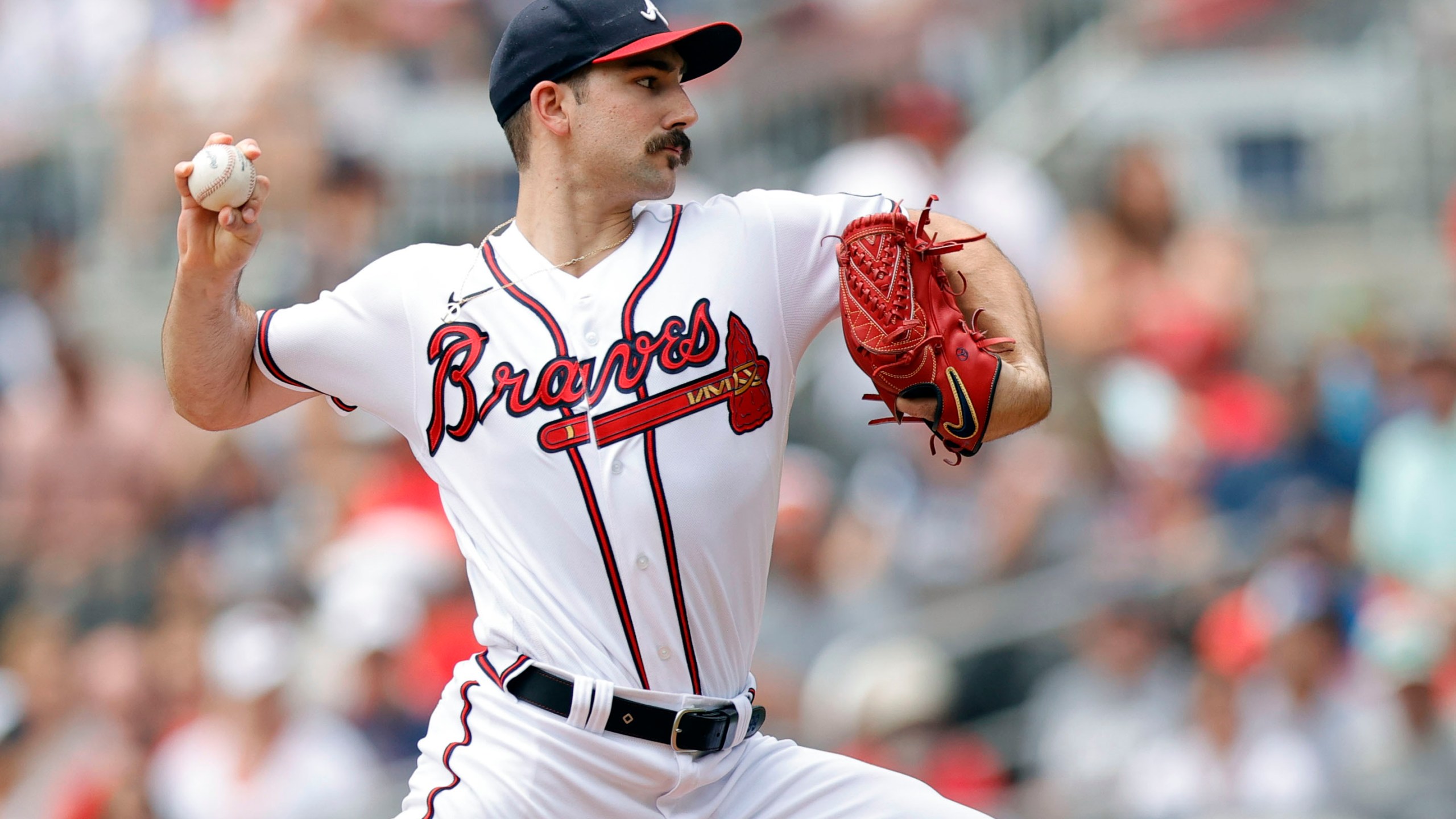 Atlanta Braves starting pitcher Spencer Strider delivers during the first inning of a baseball game against the Miami Marlins, Sunday, July 2, 2023, in Atlanta. (AP Photo/Alex Slitz)