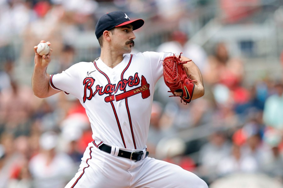 Atlanta Braves starting pitcher Spencer Strider delivers during the first inning of a baseball game against the Miami Marlins, Sunday, July 2, 2023, in Atlanta. (AP Photo/Alex Slitz)