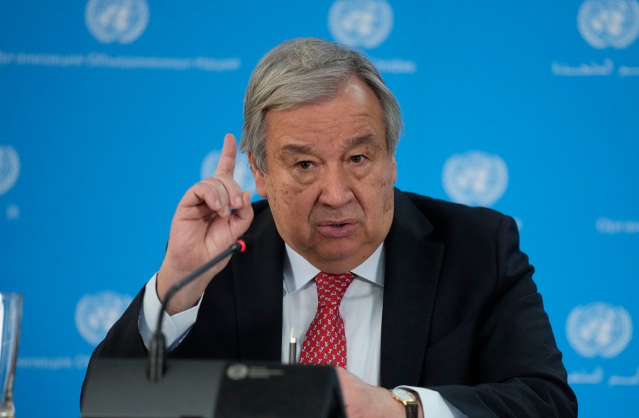 FILE - U.N secretary General Antonio Guterres addresses the media during a visit to the U.N. office in the capital Nairobi, Kenya Wednesday, May 3, 2023. Antonio Guterres says Sudan is on the brink of a “full-scale civil war,” as fierce clashes between rival generals continued unabated Sunday in the capital, Khartoum. (AP Photo/Khalil Senosi, File)