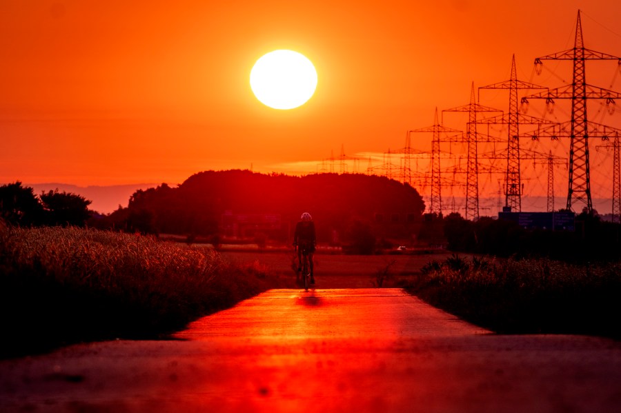 FILE - A man rides his bike on a small road in the outskirts of Frankfurt, Germany, as the sun rises on July 9, 2023. Scientists say crushing temperatures that blanketed Europe last summer may have led to more than 61,000 heat-related deaths, highlighting the need for governments to address the health impacts of global warming. (AP Photo/Michael Probst, File)