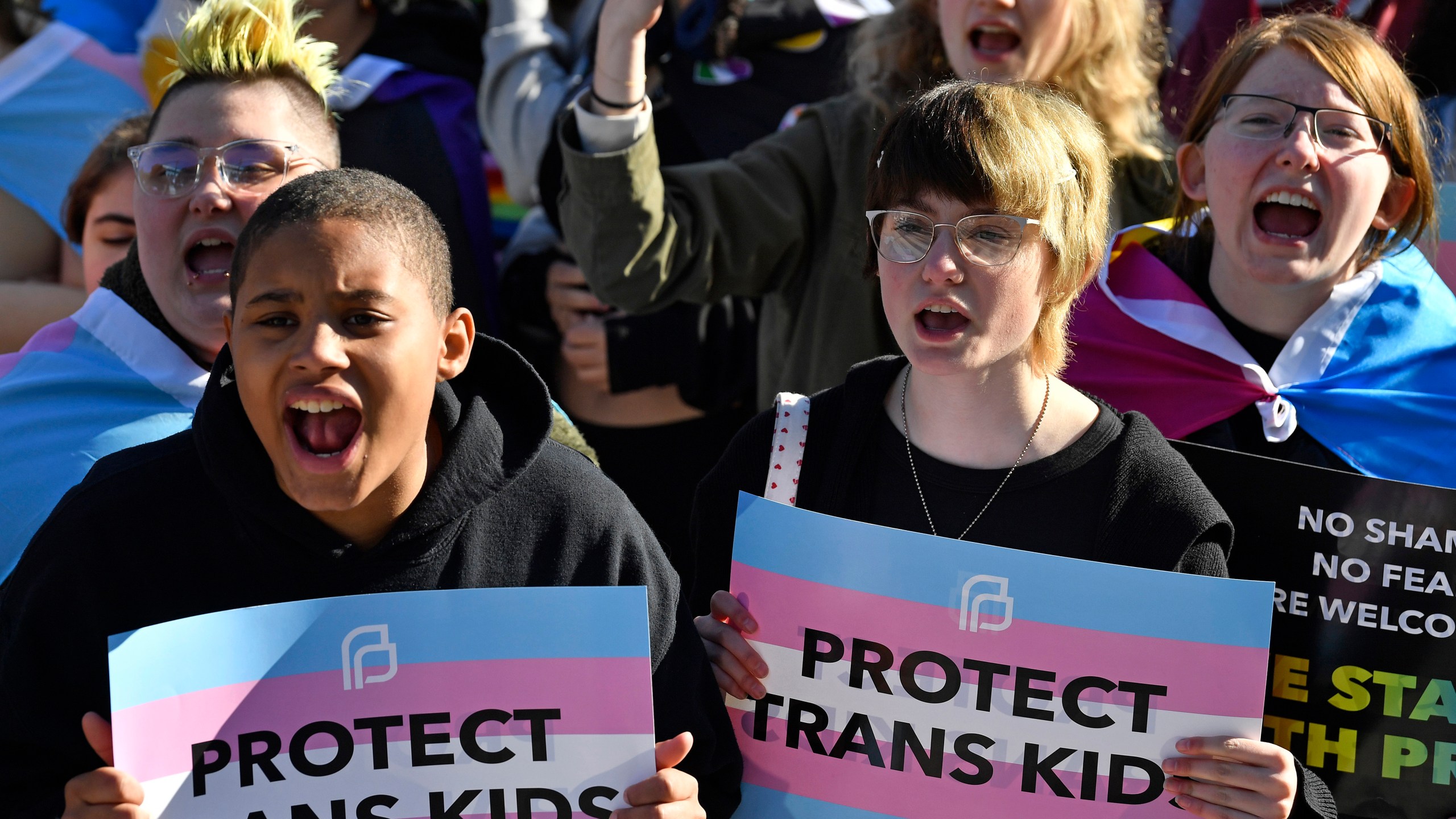 FILE - Protesters of Kentucky Senate Bill SB150, known as the Transgender Health Bill, cheer on speakers during a rally on the lawn of the Kentucky Capitol in Frankfort, Ky., March 29, 2023. Kentucky's ban on gender-affirming care for young transgender people was restored Friday, July 14, when a federal judge lifted an injunction he issued the previous month that had temporarily blocked the restrictions. (AP Photo/Timothy D. Easley, File)