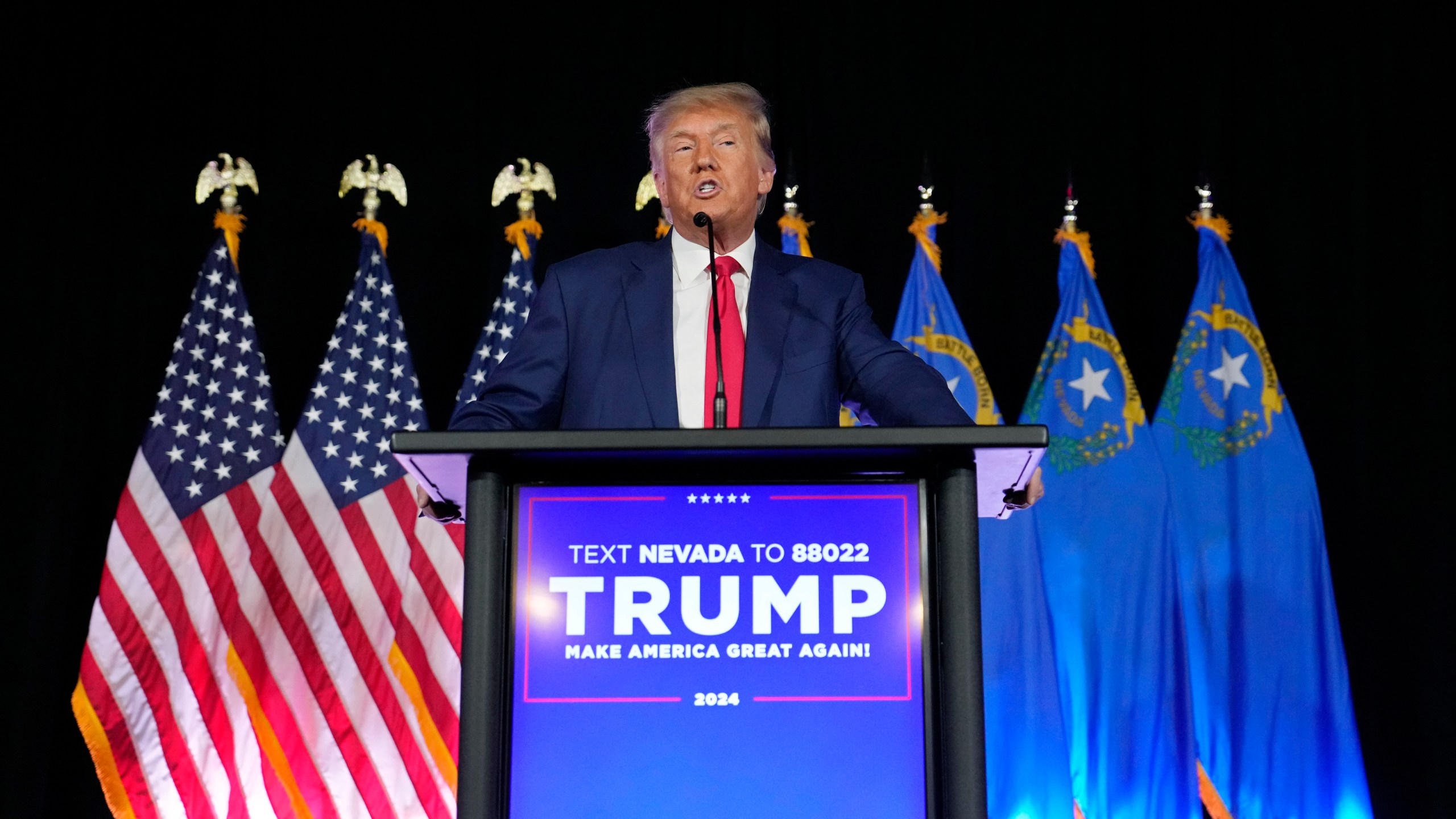 FILE - Former President Donald Trump speaks at a campaign event, July 8, 2023, in Las Vegas. He's been indicted twice. Found liable for sexual abuse. And is viewed unfavorably by more than a third of his party. But six months before Republican voters begin to cast their ballots in the 2024 primary, Trump remains the GOP race's dominant front-runner. (AP Photo/John Locher)