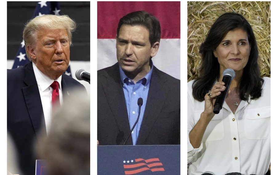 FILE - This combination of 2023 photos shows, from left, former President Donald Trump, Florida Gov. Ron DeSantis, former U.N. Ambassador Nikki Haley, former Vice President Mike Pence and South Carolina Sen. Tim Scott. (AP Photo, File)