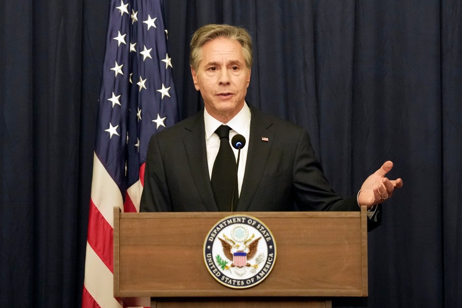 U.S. Secretary of State Antony Blinken speaks to the media during a press conference in Jakarta, Indonesia, Friday, July 14, 2023. (AP Photo/Dita Alangkara)