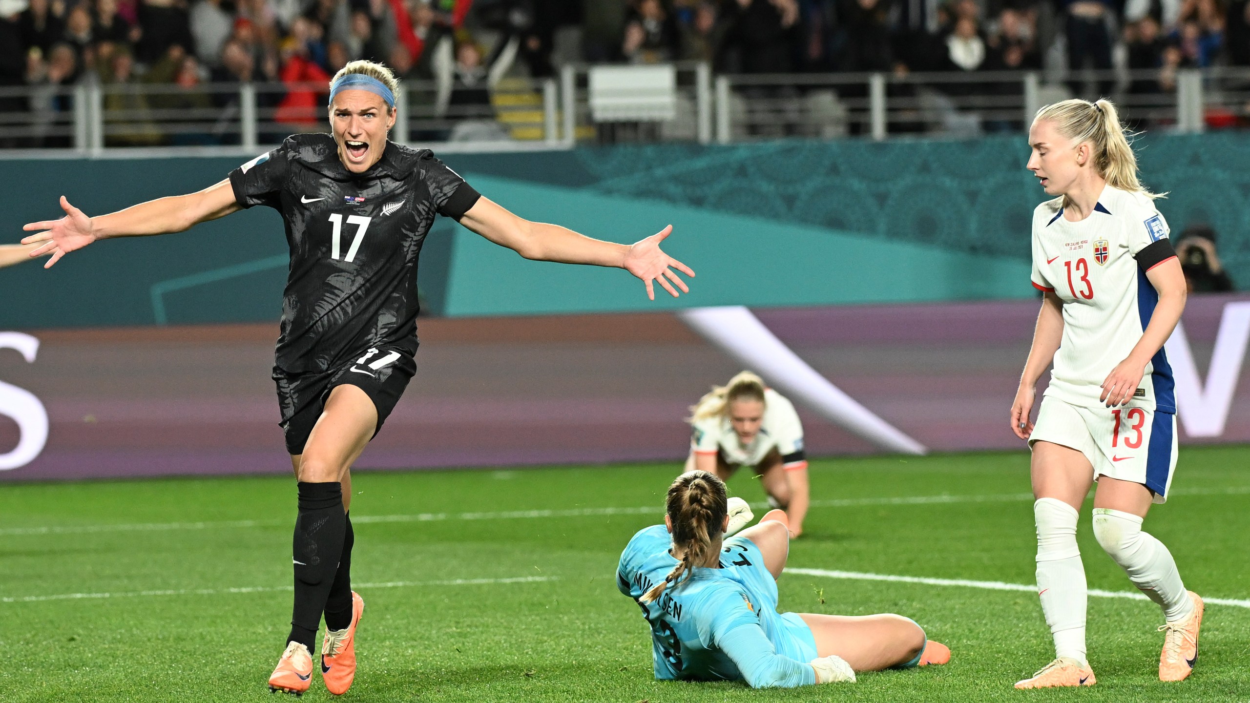 New Zealand's Hannah Wilkinson celebrates after scoring the opening goal during the Women's World Cup soccer match between New Zealand and Norway in Auckland, New Zealand, Thursday, July 20, 2023. (AP Photo/Andrew Cornaga)