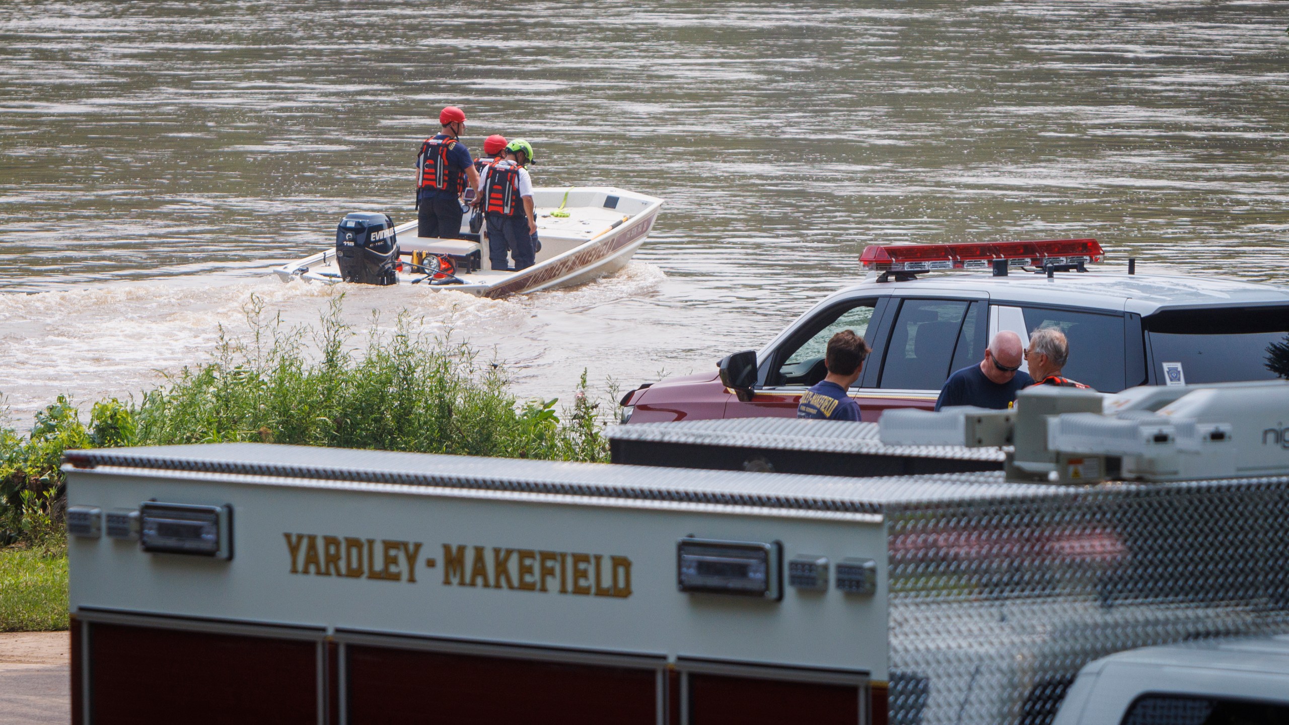 FILE - Yardley Makefield Marine Rescue leaves the Yardley boat ramp heading down the Delaware River on July 17, 2023, in Yardley, Pa. The body of a young girl was recovered Friday, July 21, in the Delaware River and was believed to be a 2-year-old who was one of two children swept away from their family's vehicle by a flash flood, authorities said. (Alejandro A. Alvarez/The Philadelphia Inquirer via AP, File)