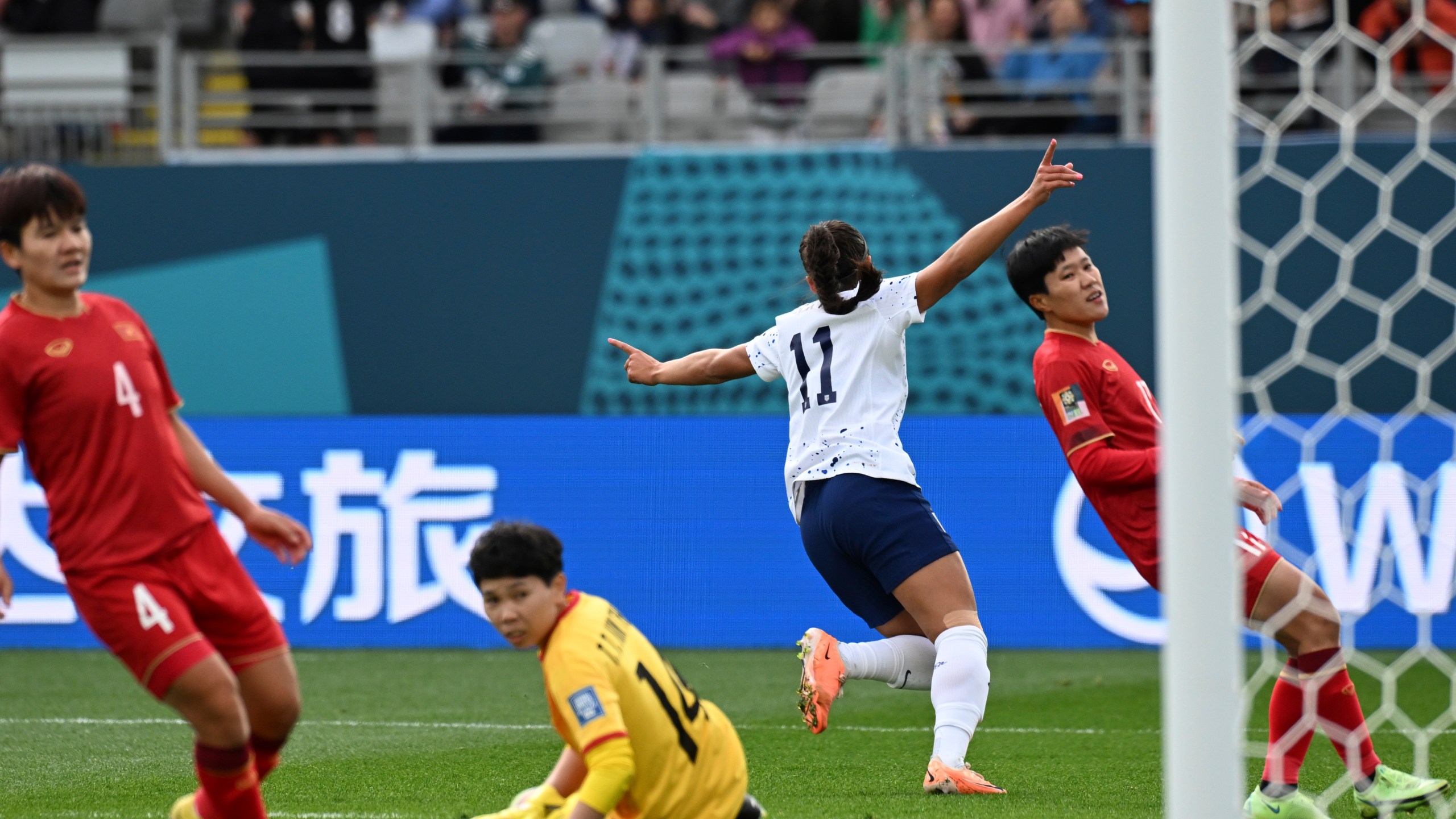 United States' Sophia Smith celebrates after scoring the opening goal during the Women's World Cup Group E soccer match between the United States and Vietnam at Eden Park in Auckland, New Zealand, Saturday, July 22, 2023. (AP Photo/Andrew Cornaga)