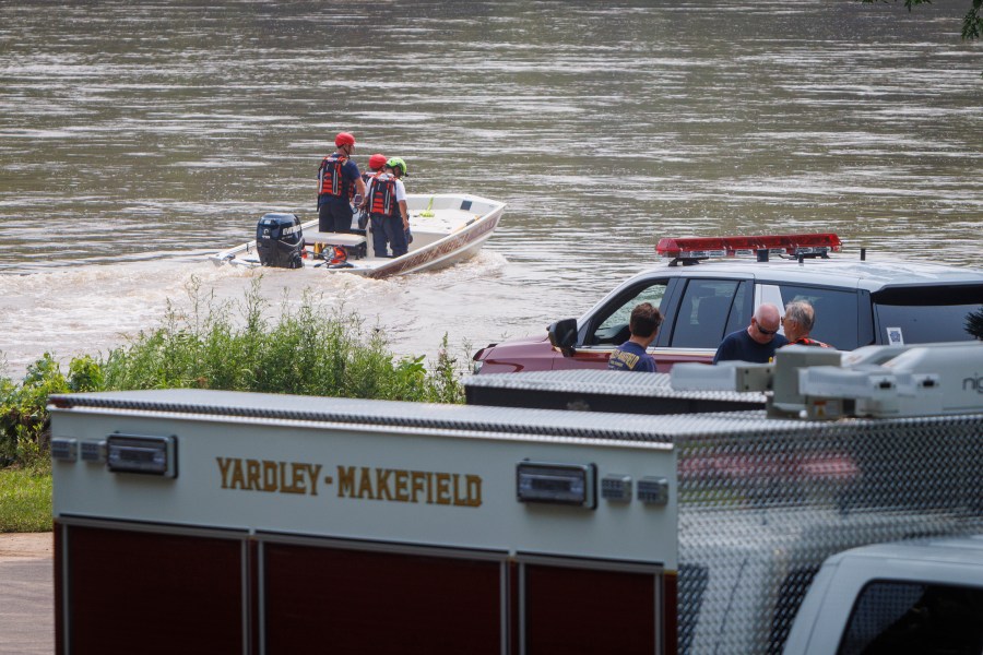 FILE - Yardley Makefield Marine Rescue leaves the Yardley boat ramp heading down the Delaware River on July 17, 2023, in Yardley, Pa. The family of a 2-year-old girl swept away along with another child by a flash flood that engulfed their vehicle on a Pennsylvania road is expressing gratitude at the discovery of a body believed to be hers. The body was found early Friday, July 22, in the Delaware River near a Philadelphia wastewater treatment plant about 30 miles (50 kilometers) from where Matilda Sheils was carried away, authorities said Friday night. (Alejandro A. Alvarez/The Philadelphia Inquirer via AP, File)