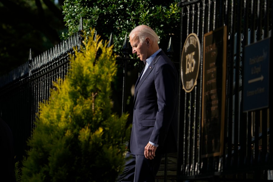 President Joe Biden walks to his motorcade as he leaves Holy Trinity Catholic Church in the Georgetown section of Washington, after attending Mass, Saturday, July 22, 2023. (AP Photo/Manuel Balce Ceneta)