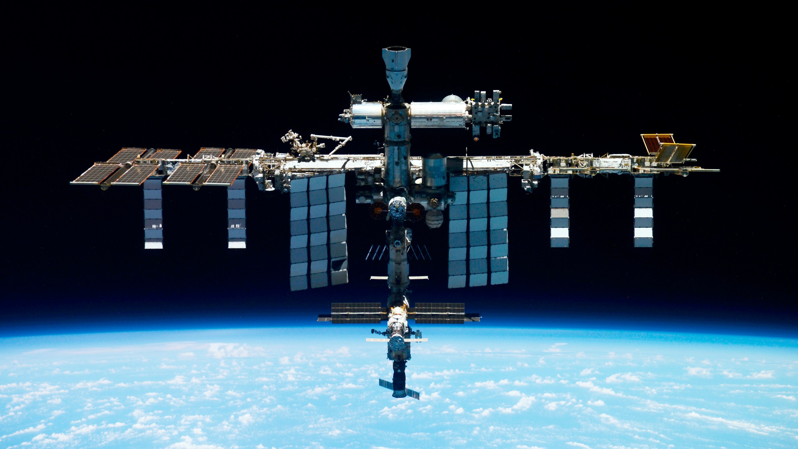 FILE - This undated photo provided by Roscosmos shows the International Space Station. A NASA power outage disrupted communication between Mission Control and the International Space Station on Tuesday, July 25, 2023. (Roscosmos State Space Corporation via AP, File)