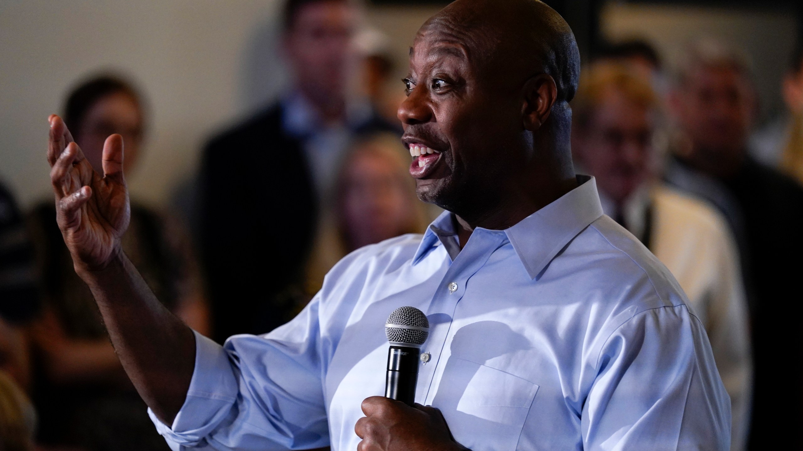 Republican presidential candidate Sen. Tim Scott, R-S.C., speaks during a town hall meeting, Thursday, July 27, 2023, in Ankeny, Iowa. (AP Photo/Charlie Neibergall)