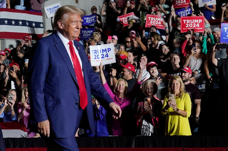 Republican presidential candidate former President Donald Trump arrives for a campaign rally Saturday, July 29, 2023, in Erie, Pa. (AP Photo/Sue Ogrocki)